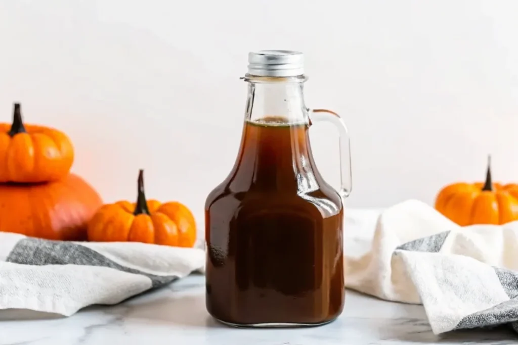 A glass bottle filled with homemade pumpkin spice syrup, surrounded by small pumpkins and kitchen towels, perfect for autumn-inspired recipes.