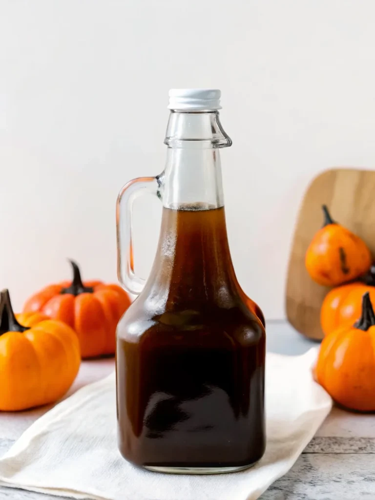 A glass bottle filled with homemade pumpkin spice syrup, surrounded by small pumpkins and kitchen towels, perfect for autumn-inspired recipes.