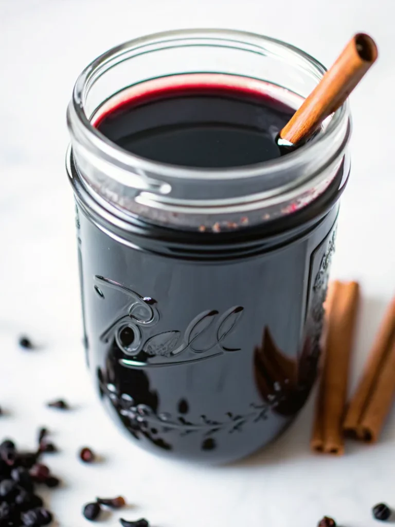 Dark purple elderberry syrup in a glass Mason jar with a spoon and cinnamon sticks scattered nearby
