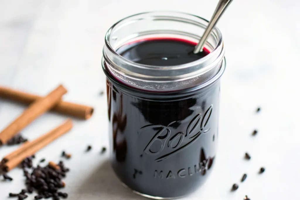 Dark purple elderberry syrup in a glass Mason jar with a spoon and cinnamon sticks scattered nearby