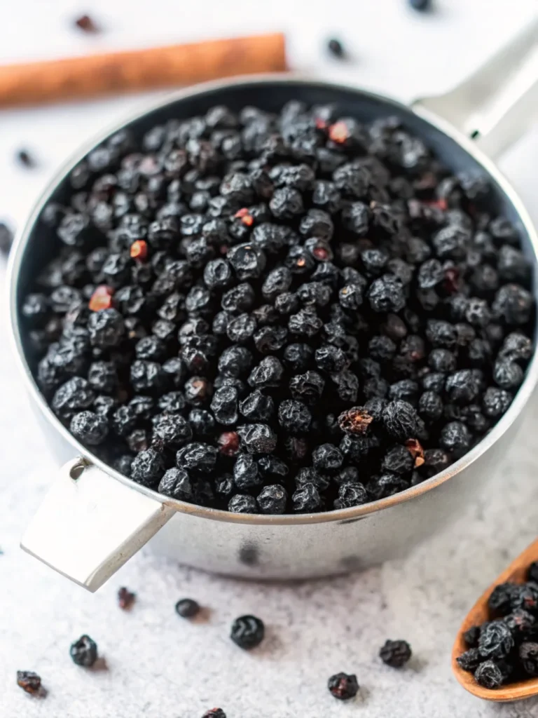 Dark purple elderberry syrup in a glass Mason jar with a spoon and cinnamon sticks scattered nearby