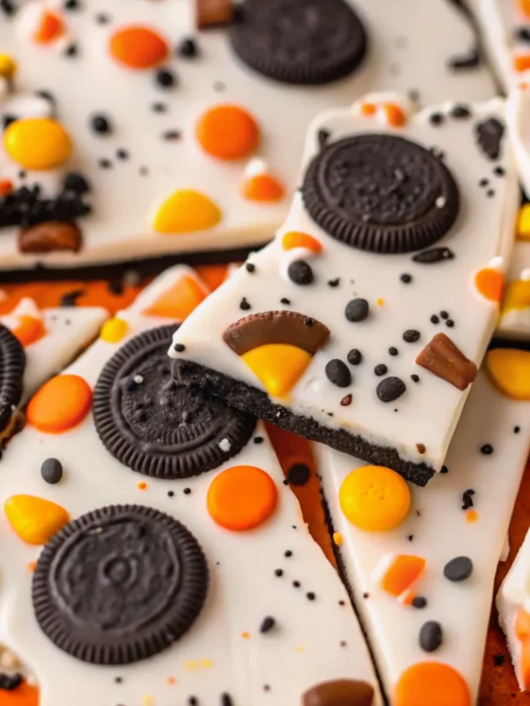 Festive Halloween white chocolate bark topped with Halloween Oreos, Reese’s Pieces, and colorful orange and black sprinkles, arranged in broken pieces on a baking sheet.