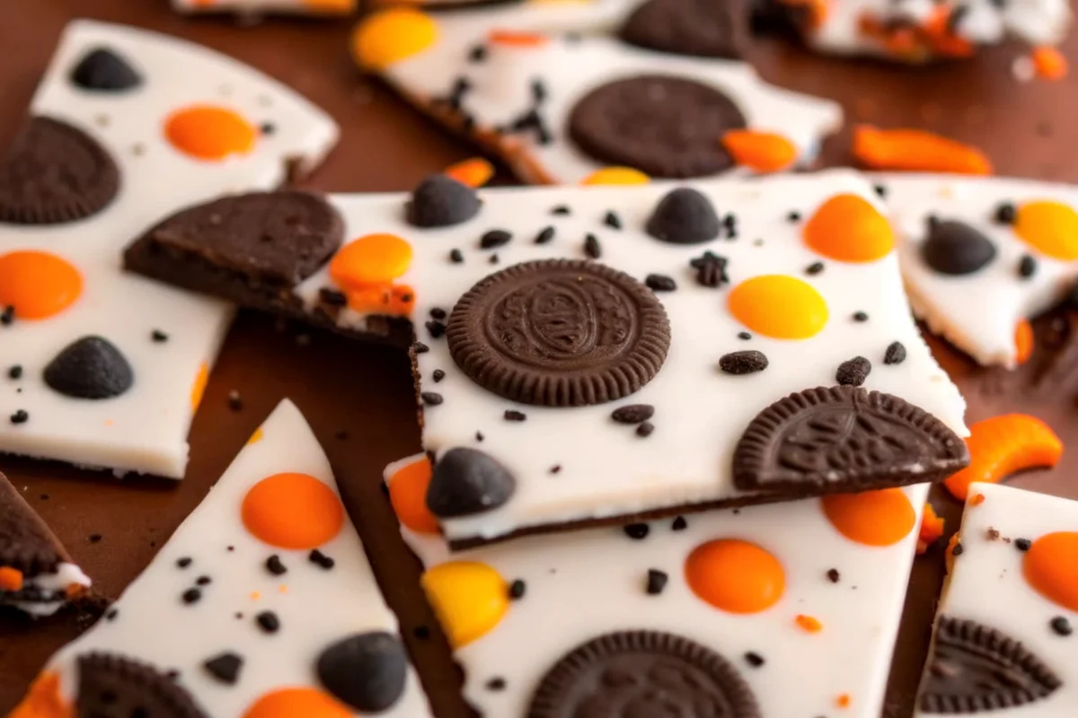 Festive Halloween white chocolate bark topped with Halloween Oreos, Reese’s Pieces, and colorful orange and black sprinkles, arranged in broken pieces on a baking sheet.