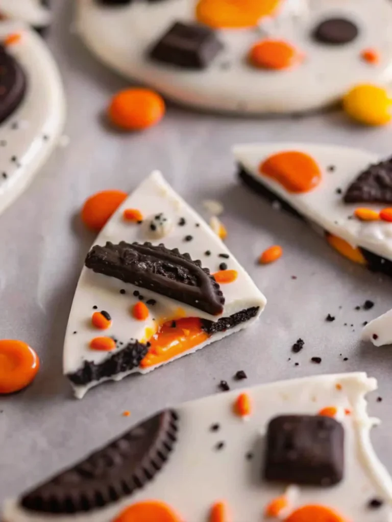 Festive Halloween white chocolate bark topped with Halloween Oreos, Reese’s Pieces, and colorful orange and black sprinkles, arranged in broken pieces on a baking sheet.