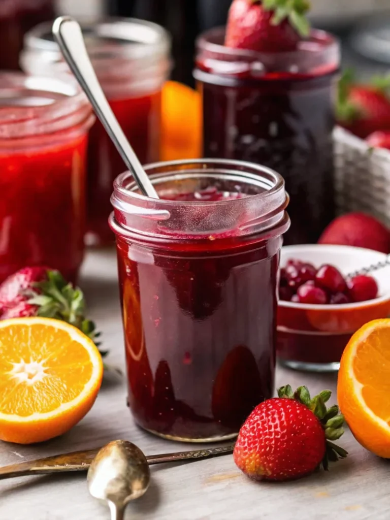 vibrant image showcasing homemade Christmas Jam in glass jars, surrounded by fresh strawberries, cranberries, and slices of orange. The jam has a rich, deep red color, suggesting a blend of strawberries and cranberries, with an emphasis on the festive, homemade quality of the product.