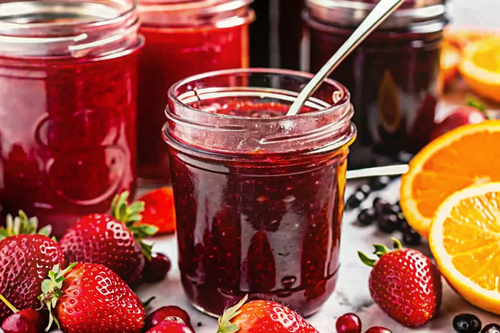 vibrant image showcasing homemade Christmas Jam in glass jars, surrounded by fresh strawberries, cranberries, and slices of orange. The jam has a rich, deep red color, suggesting a blend of strawberries and cranberries, with an emphasis on the festive, homemade quality of the product.