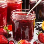 vibrant image showcasing homemade Christmas Jam in glass jars, surrounded by fresh strawberries, cranberries, and slices of orange. The jam has a rich, deep red color, suggesting a blend of strawberries and cranberries, with an emphasis on the festive, homemade quality of the product.