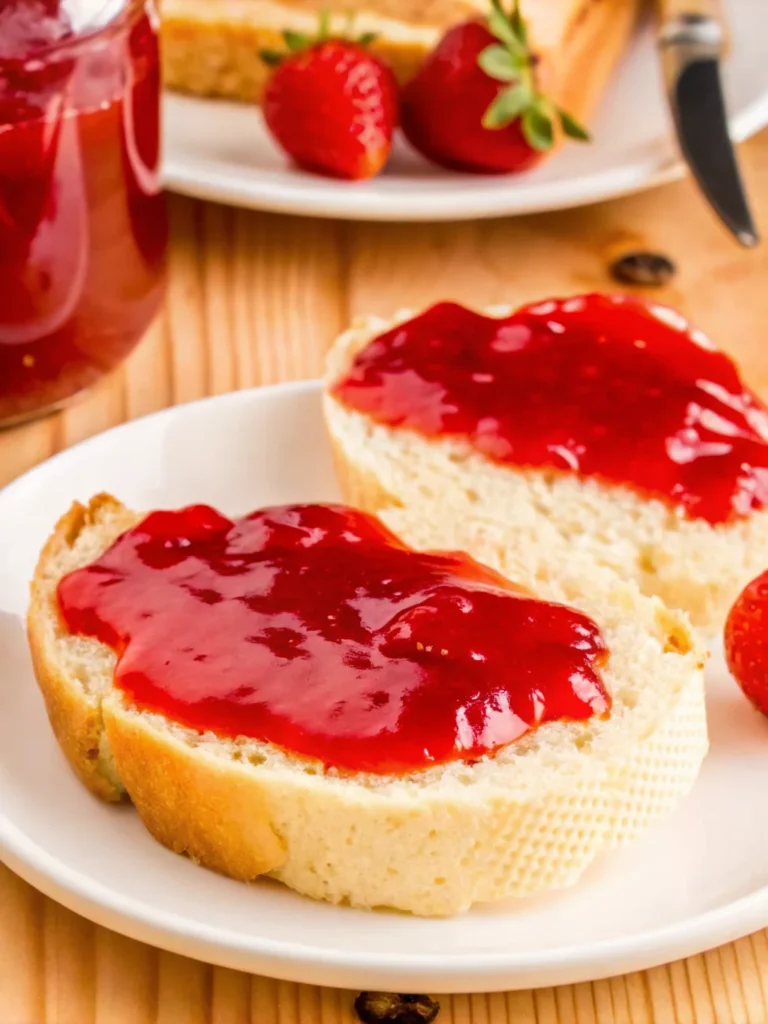 vibrant image showcasing homemade Christmas Jam in glass jars, surrounded by fresh strawberries, cranberries, and slices of orange. The jam has a rich, deep red color, suggesting a blend of strawberries and cranberries, with an emphasis on the festive, homemade quality of the product.
