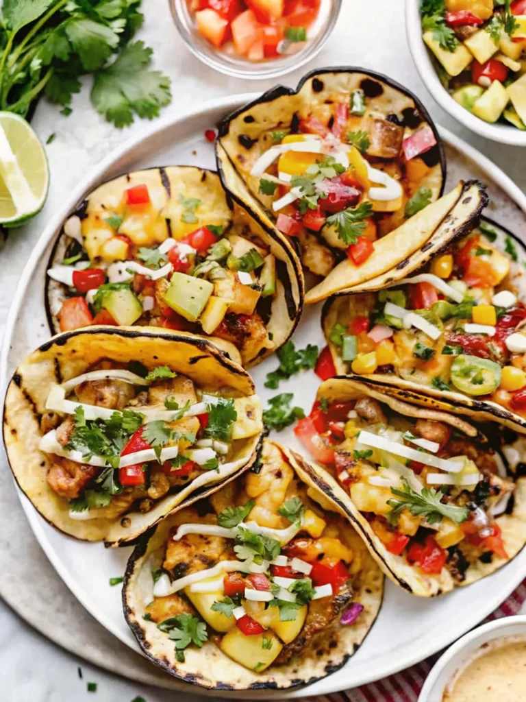 Colorful summer mexican tacos with fresh vegetables, corn tortillas, lime wedges and salsa showcasing vibrant summer mexican recipes