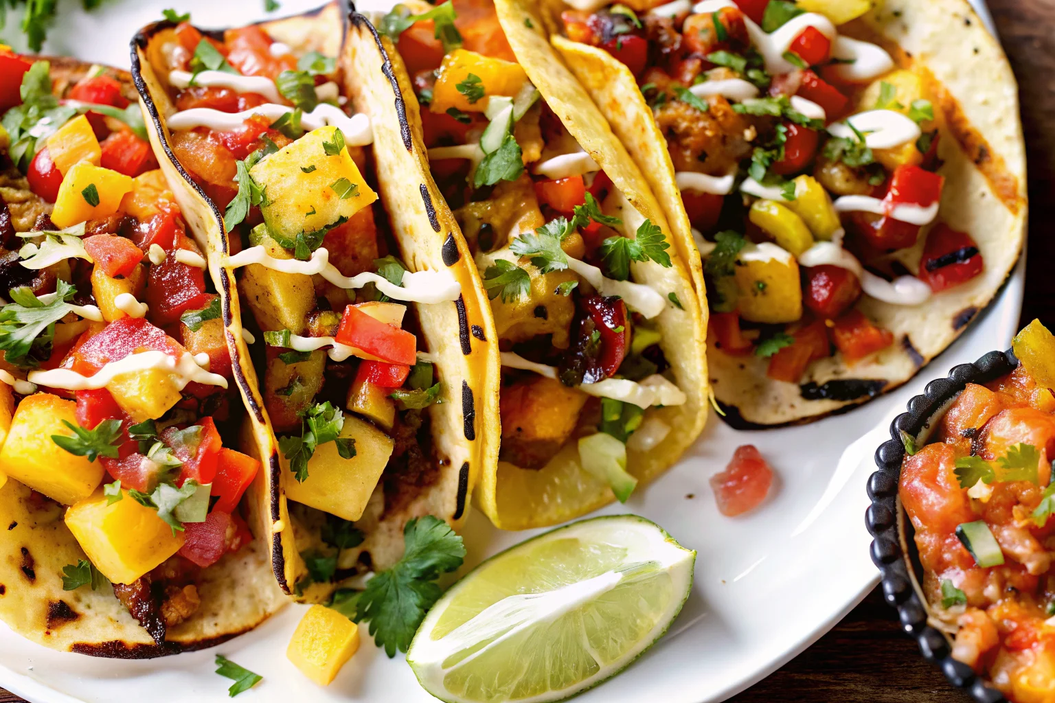 Colorful summer mexican tacos with fresh vegetables, corn tortillas, lime wedges and salsa showcasing vibrant summer mexican recipes
