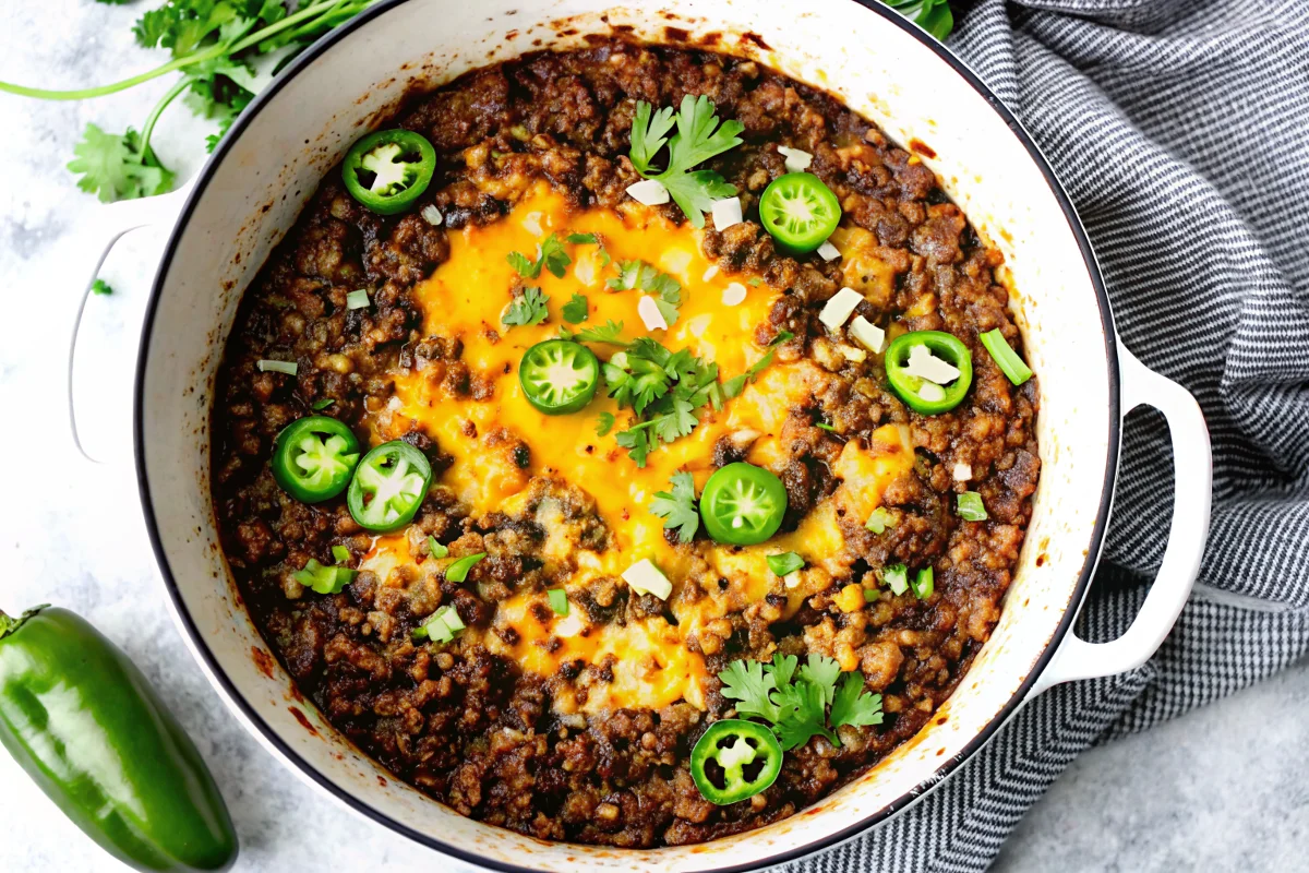 Texas style chili recipe served in white bowl topped with melted cheese, sliced jalapeños, and fresh cilantro