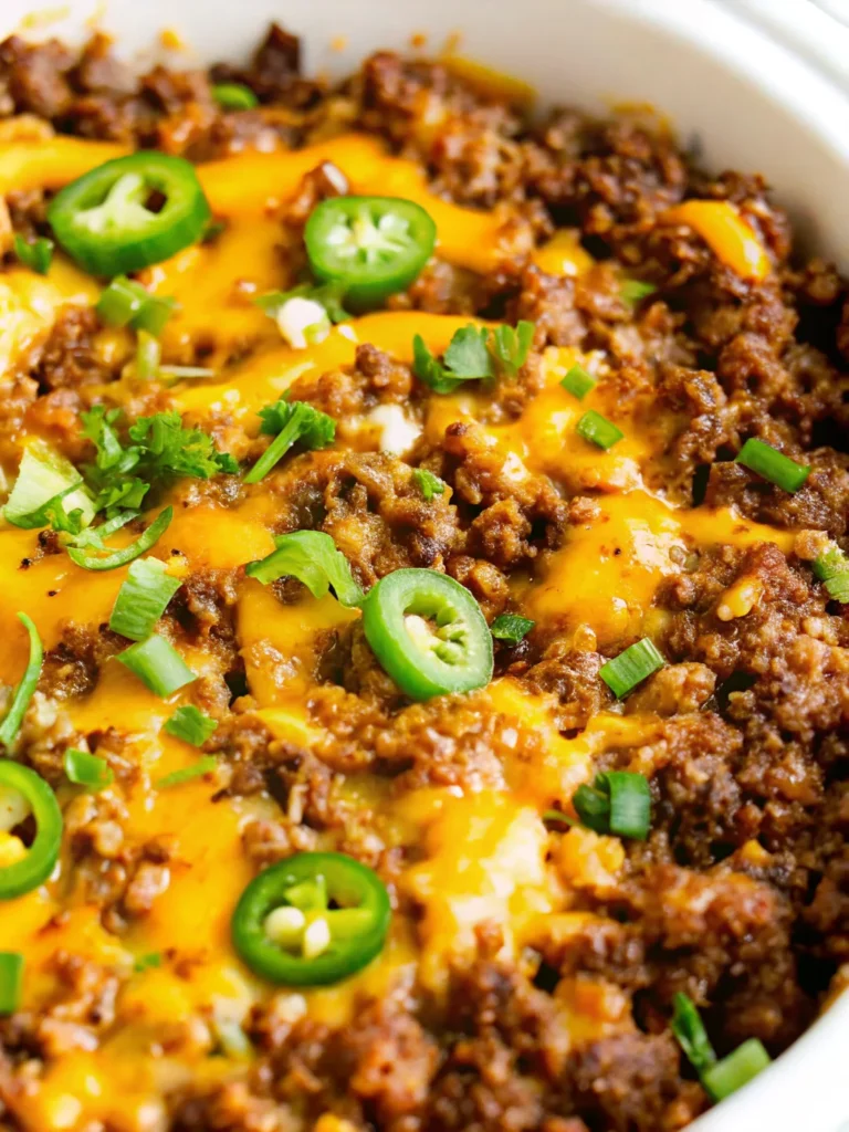 Texas style chili recipe served in white bowl topped with melted cheese, sliced jalapeños, and fresh cilantro