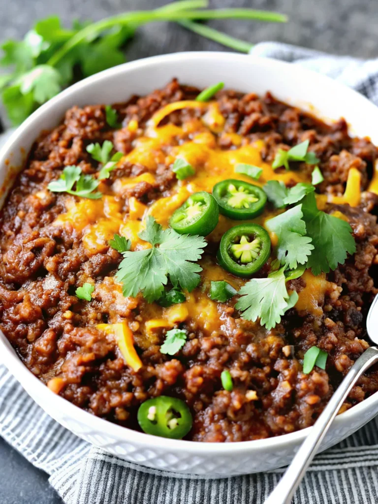 Texas style chili recipe served in white bowl topped with melted cheese, sliced jalapeños, and fresh cilantro