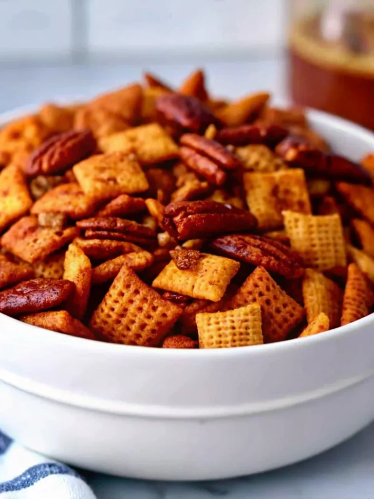 A white bowl filled with Pumpkin Spice Chex Mix, featuring golden Chex cereal squares, pecan halves, and walnut pieces coated in a spiced, buttery mixture for a crunchy autumn snack.