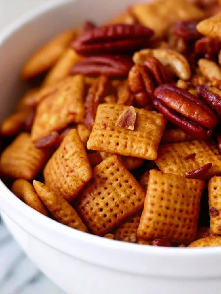 A white bowl filled with Pumpkin Spice Chex Mix, featuring golden Chex cereal squares, pecan halves, and walnut pieces coated in a spiced, buttery mixture for a crunchy autumn snack.