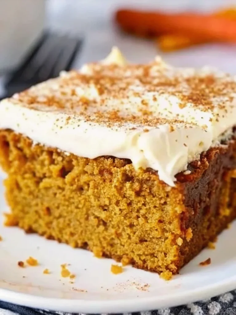 A moist slice of pumpkin spice cake topped with creamy cream cheese frosting and a sprinkle of cinnamon, served on a white plate.