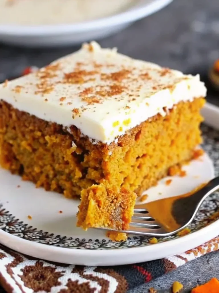 A moist slice of pumpkin spice cake topped with creamy cream cheese frosting and a sprinkle of cinnamon, served on a white plate.