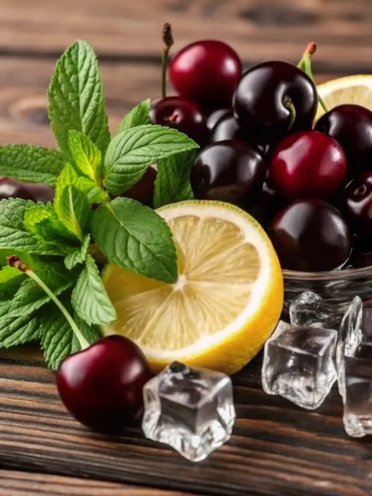A glass mason jar filled with a deep red dark cherry mocktail, garnished with whole dark cherries and surrounded by fresh cherries on a rustic wooden table.