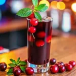 A glass mason jar filled with a deep red dark cherry mocktail, garnished with whole dark cherries and surrounded by fresh cherries on a rustic wooden table.