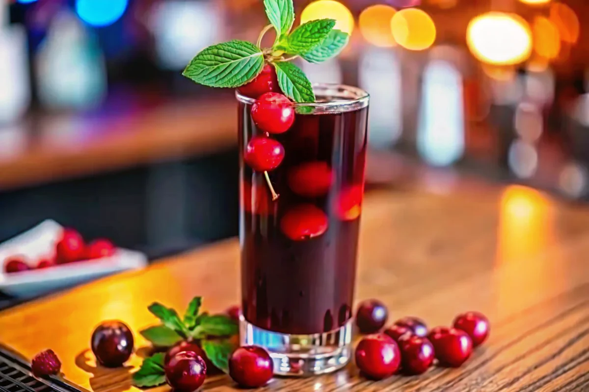 A glass mason jar filled with a deep red dark cherry mocktail, garnished with whole dark cherries and surrounded by fresh cherries on a rustic wooden table.