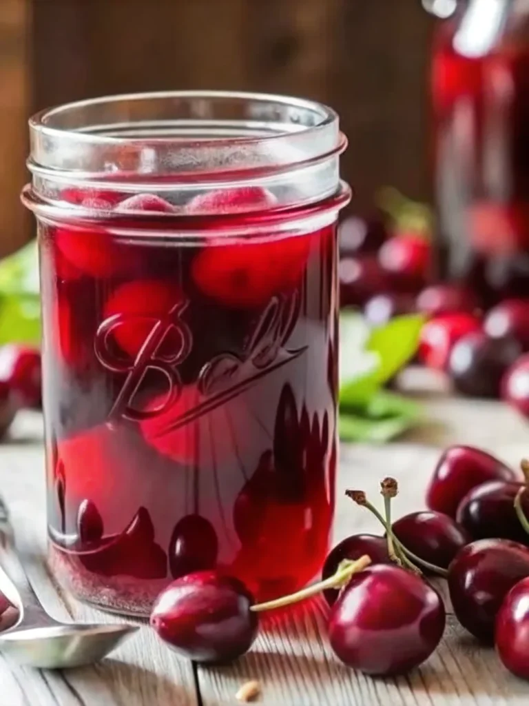 A glass mason jar filled with a deep red dark cherry mocktail, garnished with whole dark cherries and surrounded by fresh cherries on a rustic wooden table.
