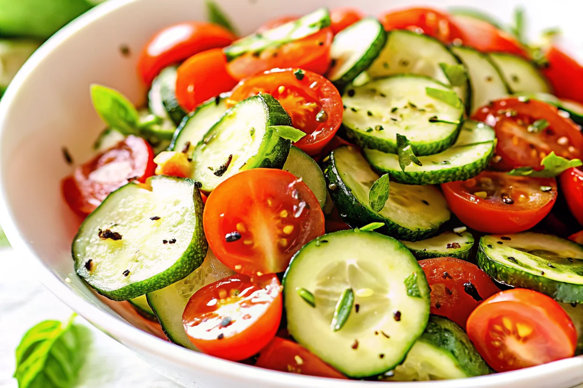 Vibrant cucumber salad with sliced cucumbers, cherry tomatoes, red onion, and fresh herbs, dressed with olive oil and black pepper.