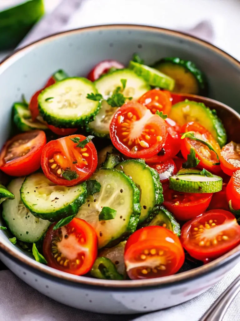 Vibrant cucumber salad with sliced cucumbers, cherry tomatoes, red onion, and fresh herbs, dressed with olive oil and black pepper.