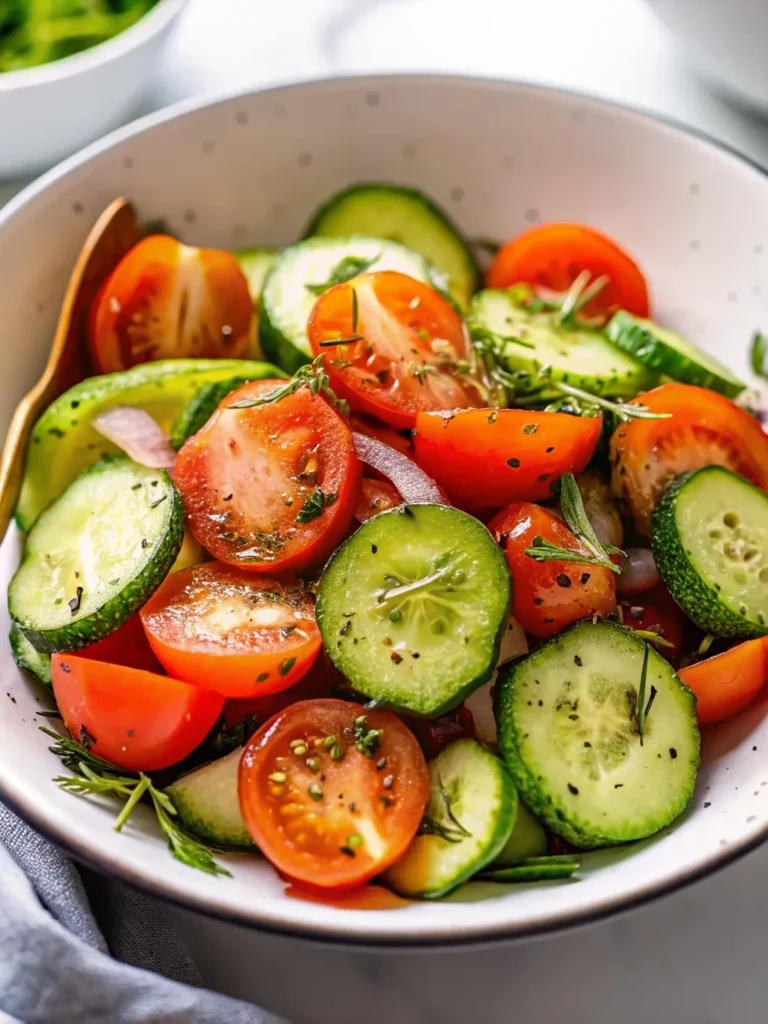Vibrant cucumber salad with sliced cucumbers, cherry tomatoes, red onion, and fresh herbs, dressed with olive oil and black pepper.