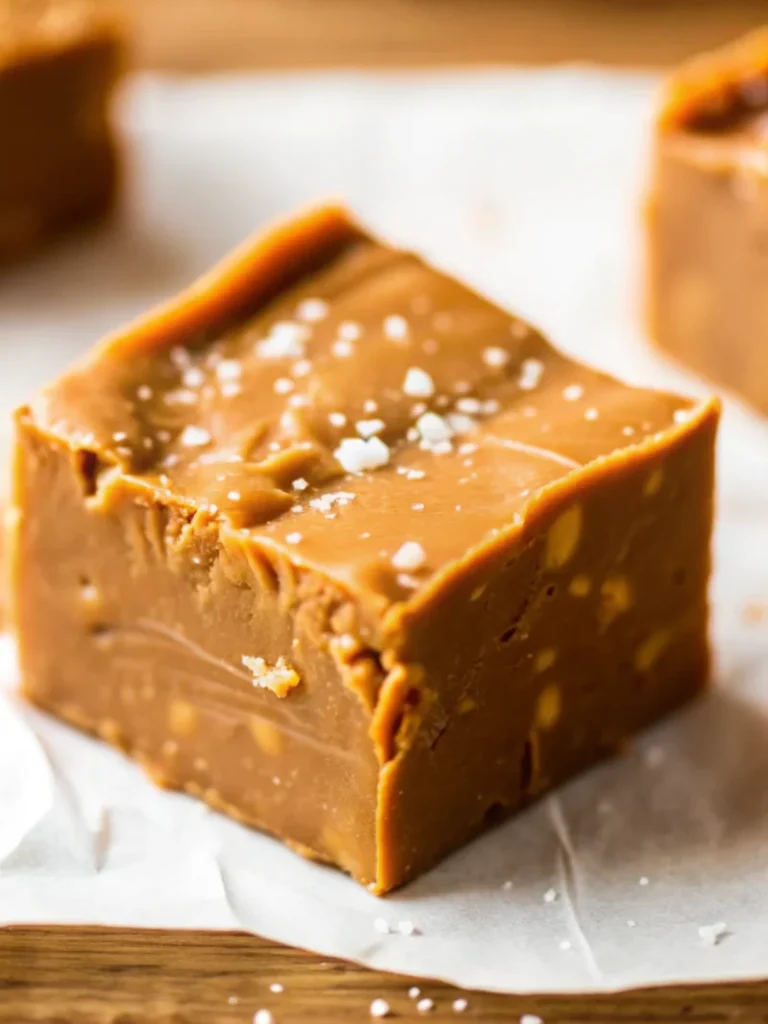 Homemade salted caramel fudge squares topped with sea salt crystals on parchment paper