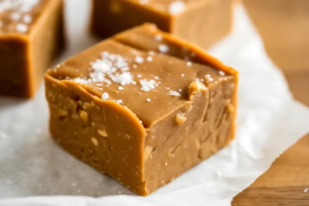 Homemade salted caramel fudge squares topped with sea salt crystals on parchment paper