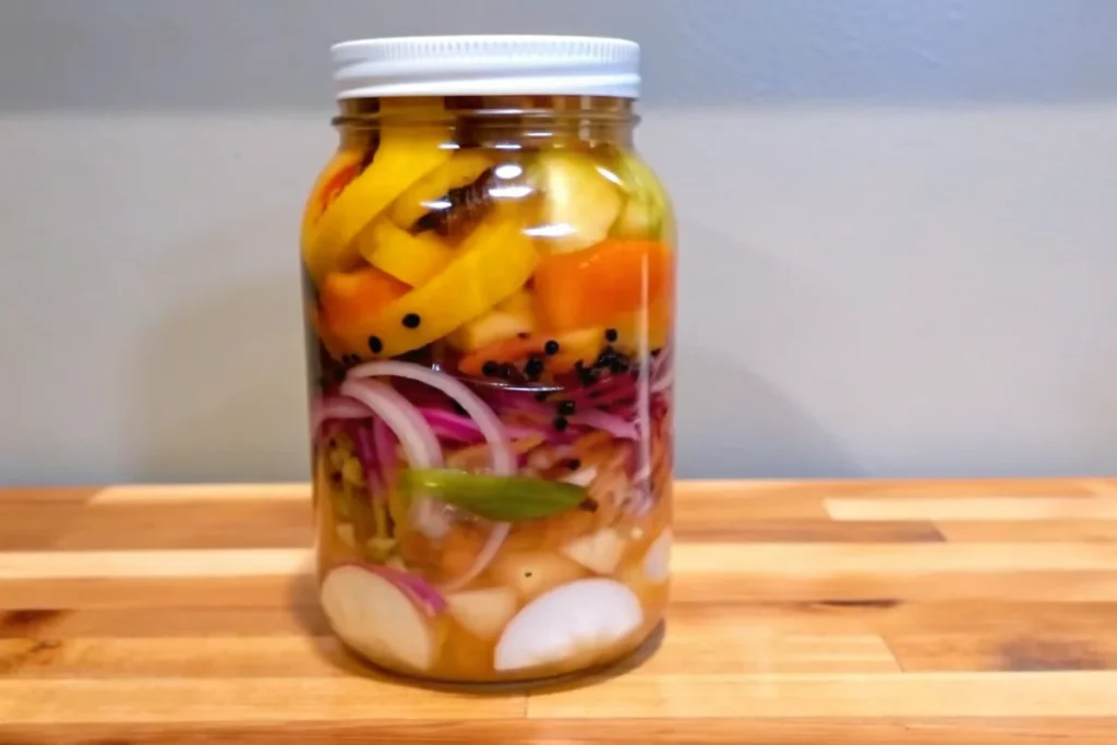 Homemade fire cider recipe in glass jar showing colorful layers of citrus, onions, ginger, turmeric, and apple cider vinegar for immune support