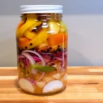 Homemade fire cider recipe in glass jar showing colorful layers of citrus, onions, ginger, turmeric, and apple cider vinegar for immune support