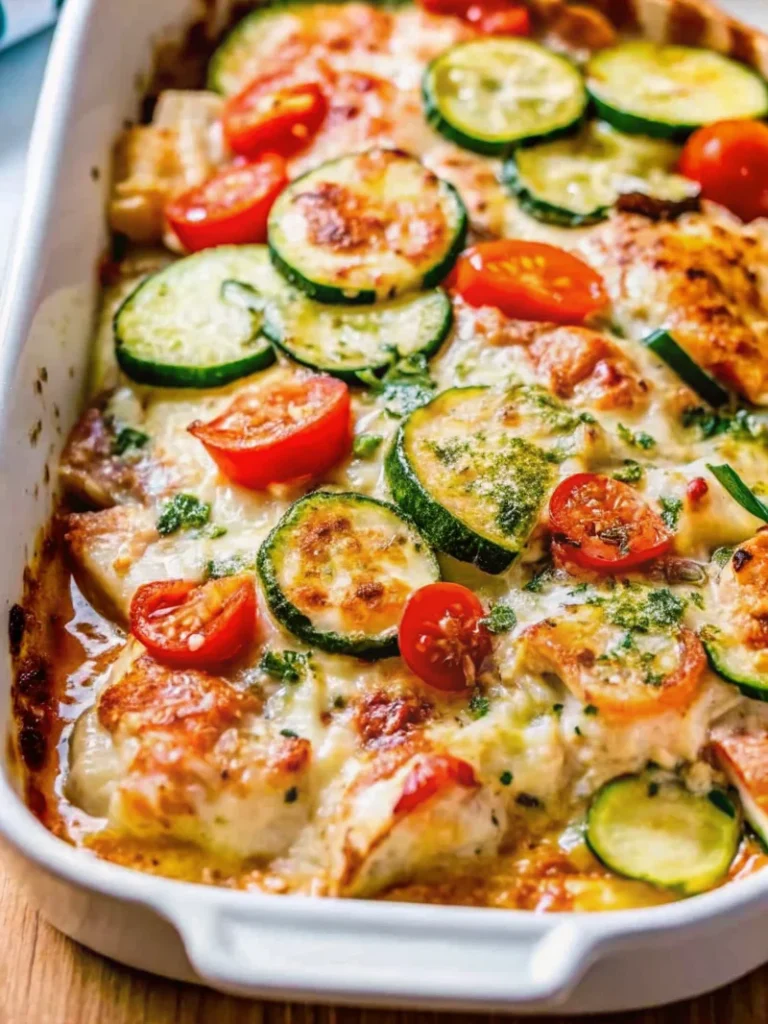 Baked Mediterranean chicken zucchini casserole with cherry tomatoes and cheese in a white dish