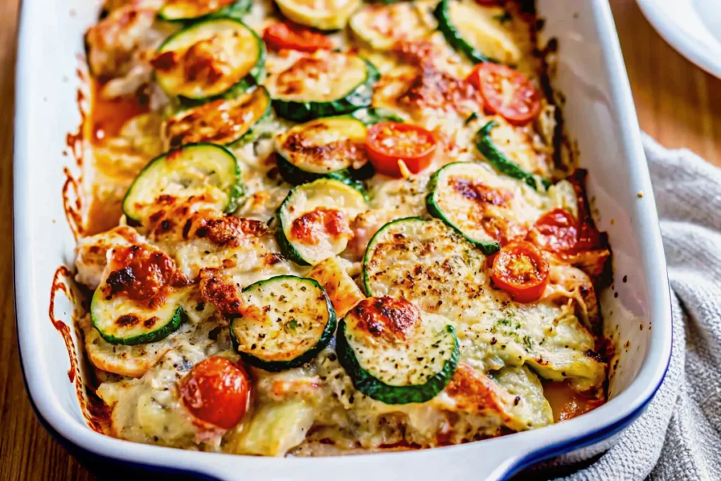 Baked Mediterranean chicken zucchini casserole with cherry tomatoes and cheese in a white dish