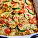 Baked Mediterranean chicken zucchini casserole with cherry tomatoes and cheese in a white dish