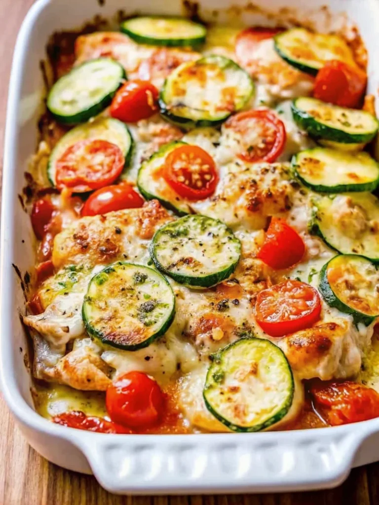 Baked Mediterranean chicken zucchini casserole with cherry tomatoes and cheese in a white dish