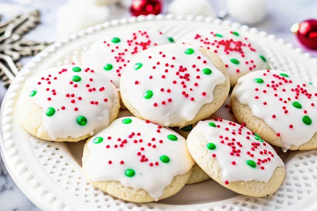 A plate of classic Italian Christmas cookies topped with white almond icing and decorated with festive red and green sprinkles, perfect for holiday celebrations.