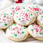 A plate of classic Italian Christmas cookies topped with white almond icing and decorated with festive red and green sprinkles, perfect for holiday celebrations.