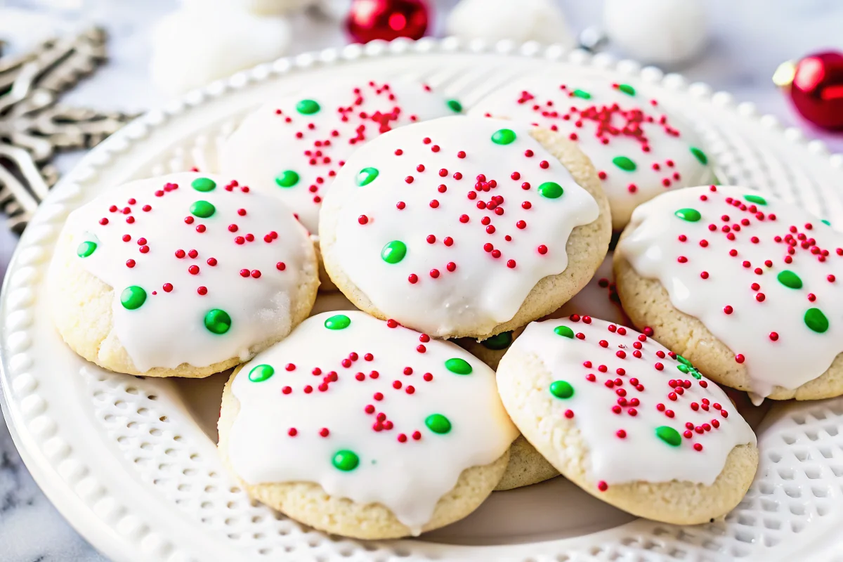 A plate of classic Italian Christmas cookies topped with white almond icing and decorated with festive red and green sprinkles, perfect for holiday celebrations.