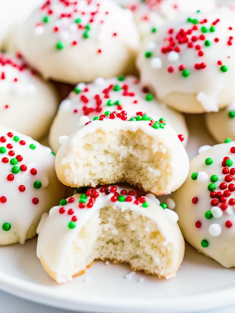 A plate of classic Italian Christmas cookies topped with white almond icing and decorated with festive red and green sprinkles, perfect for holiday celebrations.