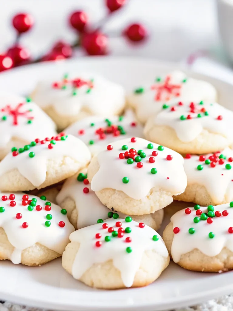 A plate of classic Italian Christmas cookies topped with white almond icing and decorated with festive red and green sprinkles, perfect for holiday celebrations.