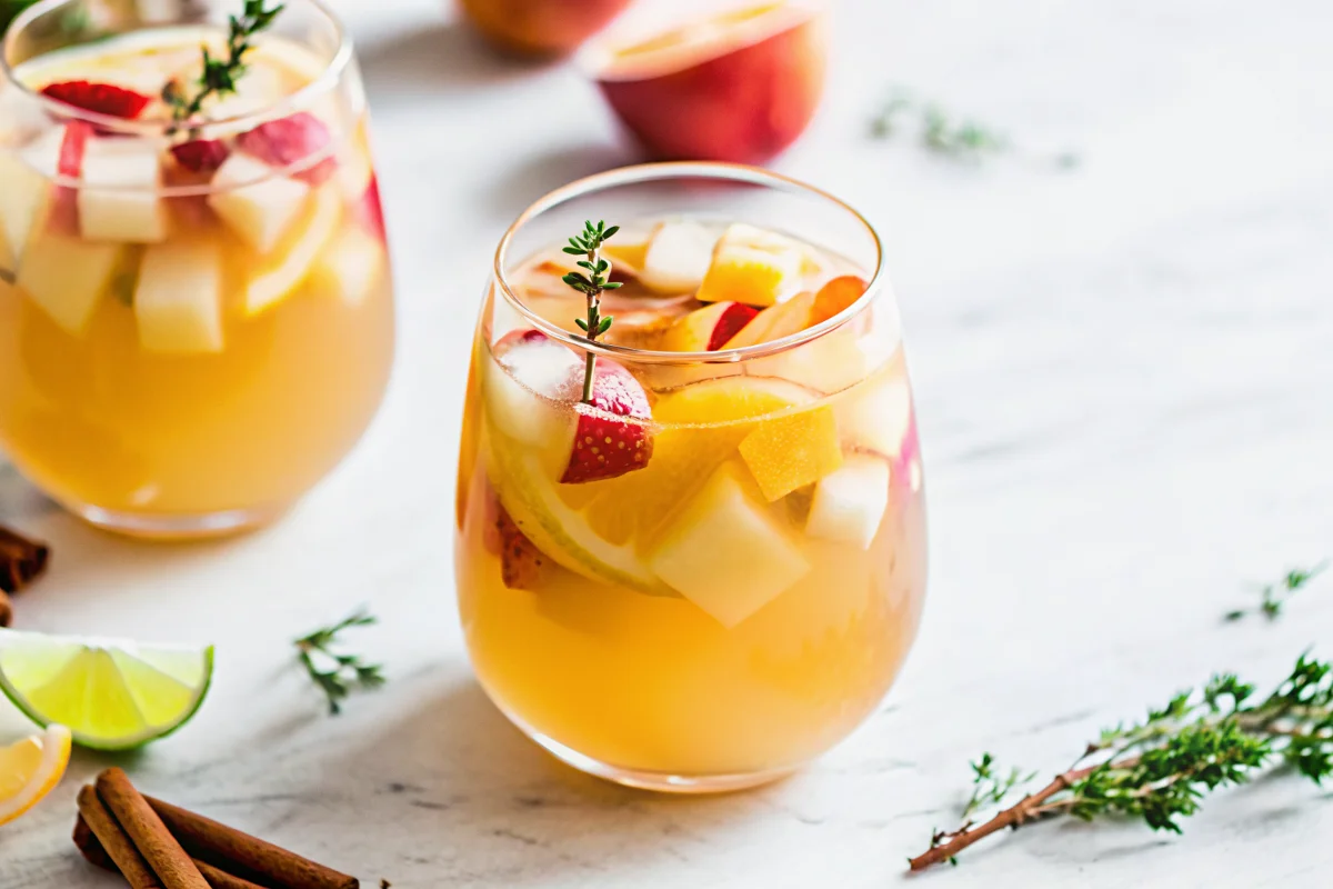 A glass of apple cider cocktail with Prosecco, garnished with fresh fruits, thyme, and cinnamon sticks—refreshing autumn sangria on a marble background.