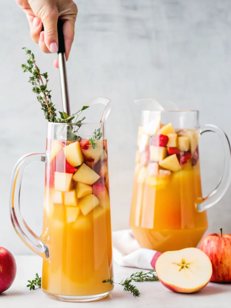A glass of apple cider cocktail with Prosecco, garnished with fresh fruits, thyme, and cinnamon sticks—refreshing autumn sangria on a marble background.