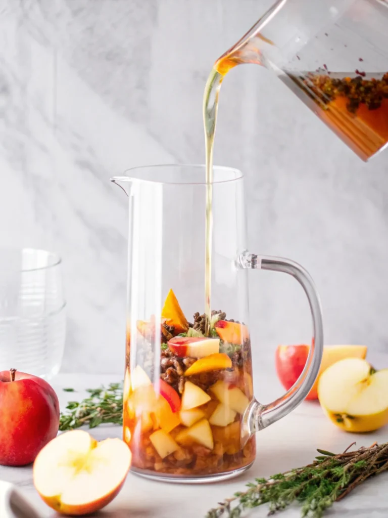 A glass of apple cider cocktail with Prosecco, garnished with fresh fruits, thyme, and cinnamon sticks—refreshing autumn sangria on a marble background.
