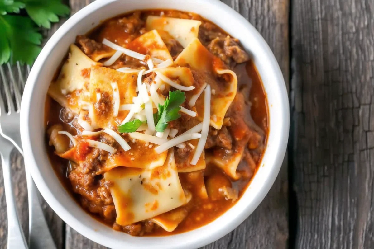 A bowl of creamy lasagna soup with broken lasagna noodles, ground beef, tomato broth, and melted mozzarella cheese garnished with chopped herbs.