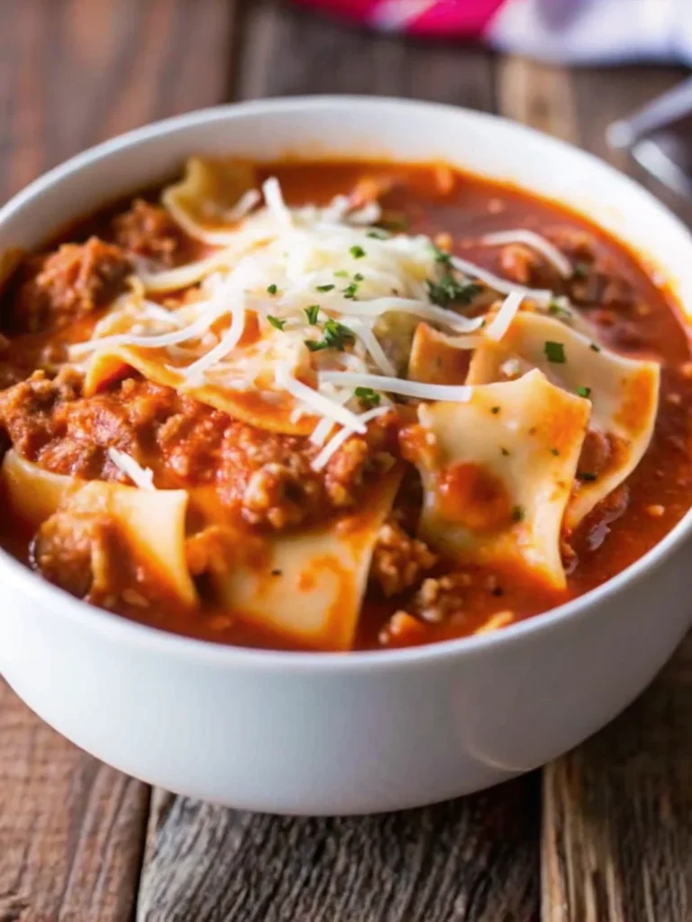A bowl of creamy lasagna soup with broken lasagna noodles, ground beef, tomato broth, and melted mozzarella cheese garnished with chopped herbs.