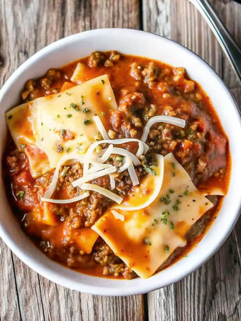 A bowl of creamy lasagna soup with broken lasagna noodles, ground beef, tomato broth, and melted mozzarella cheese garnished with chopped herbs.