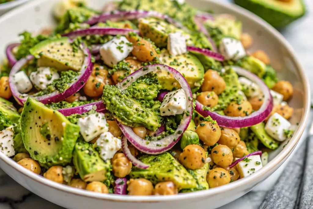 Chickpea feta avocado salad with fresh herbs and red onions, garnished with lemony dressing.