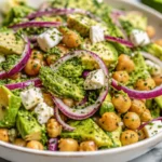Chickpea feta avocado salad with fresh herbs and red onions, garnished with lemony dressing.