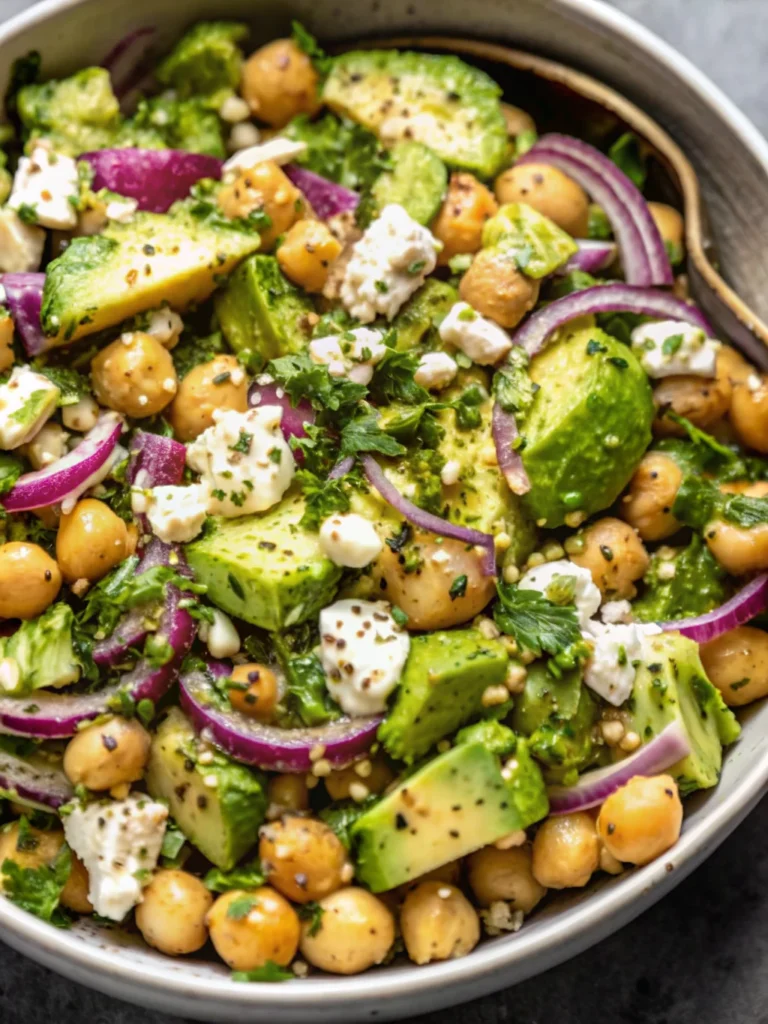 Chickpea feta avocado salad with fresh herbs and red onions, garnished with lemony dressing.